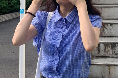 Short-Sleeve Collared Frill Trim Button-Up Blouse