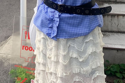 Short-Sleeve Collared Frill Trim Button-Up Blouse