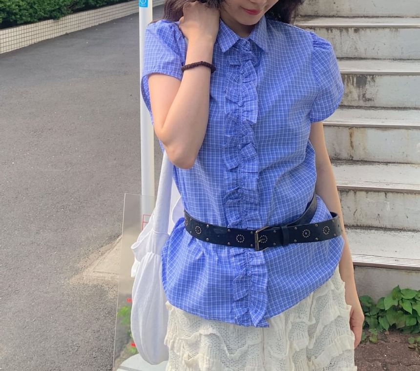Short-Sleeve Collared Frill Trim Button-Up Blouse