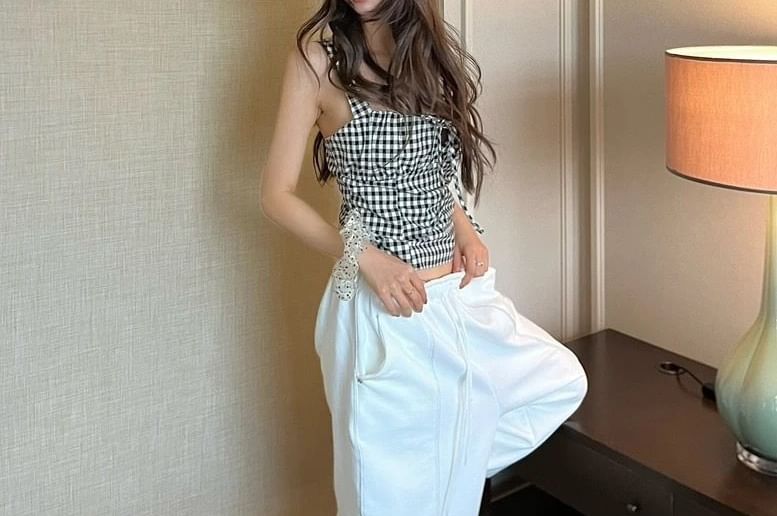 Gingham Tie Front Crop Tank Top