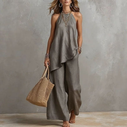 Asymmetrical Camisole Top with High Waist Wide Leg Pants