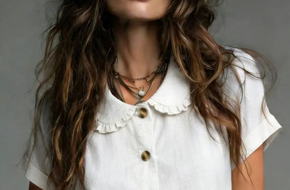 Frill Collar Blouse with Short Sleeves in Solid Color