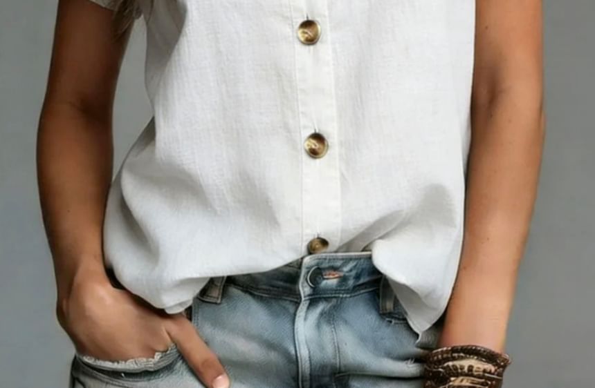 Frill Collar Blouse with Short Sleeves in Solid Color