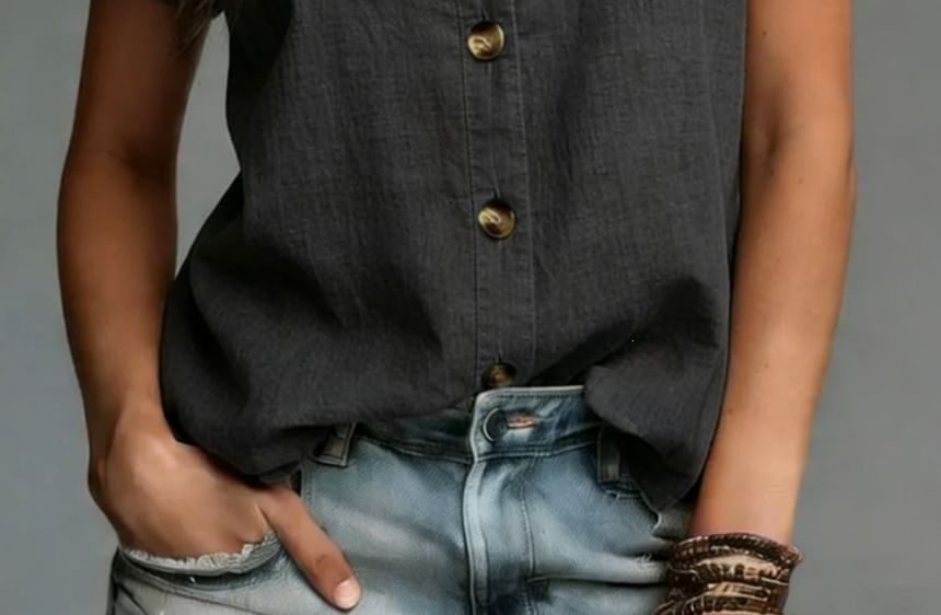 Frill Collar Blouse with Short Sleeves in Solid Color