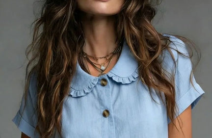 Frill Collar Blouse with Short Sleeves in Solid Color
