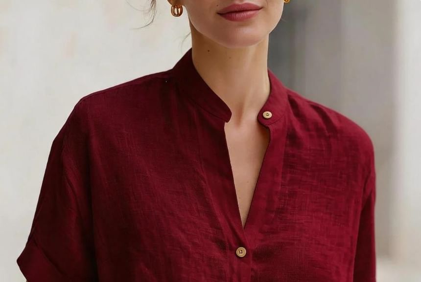 Short Sleeve Band Collar Blouse