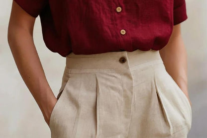 Short Sleeve Band Collar Blouse