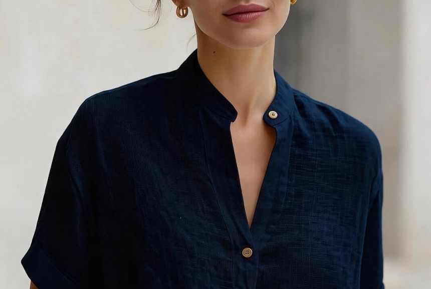 Short Sleeve Band Collar Blouse