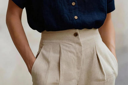 Short Sleeve Band Collar Blouse