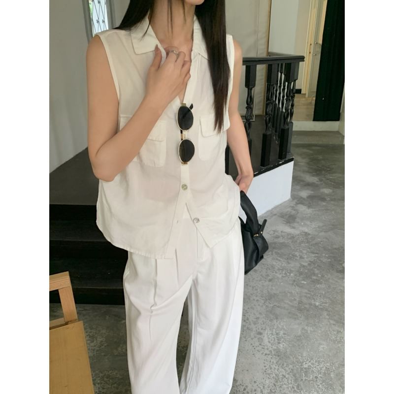 Sleeveless Collared V-Neck Plain Button Up Shirt