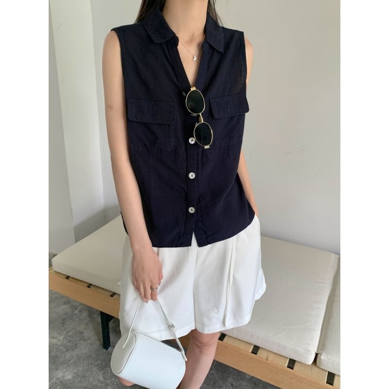Sleeveless Collared V-Neck Plain Button Up Shirt