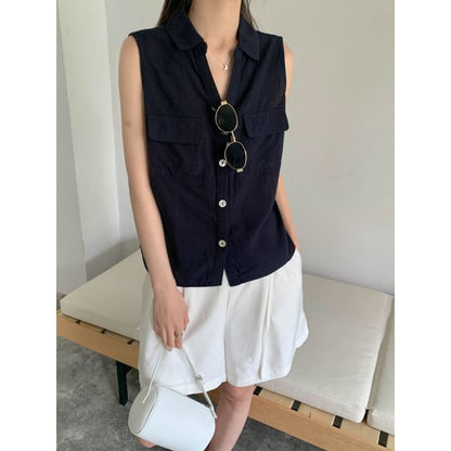 Sleeveless Collared V-Neck Plain Button Up Shirt