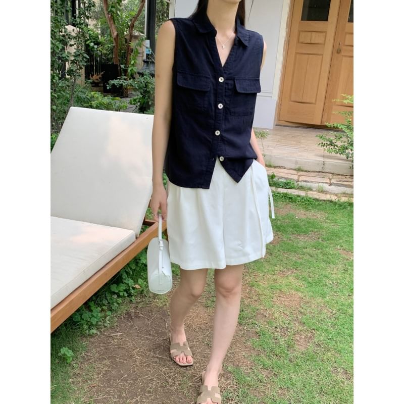 Sleeveless Collared V-Neck Plain Button Up Shirt