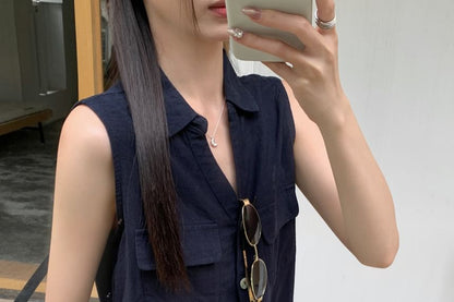 Sleeveless Collared V-Neck Plain Button Up Shirt