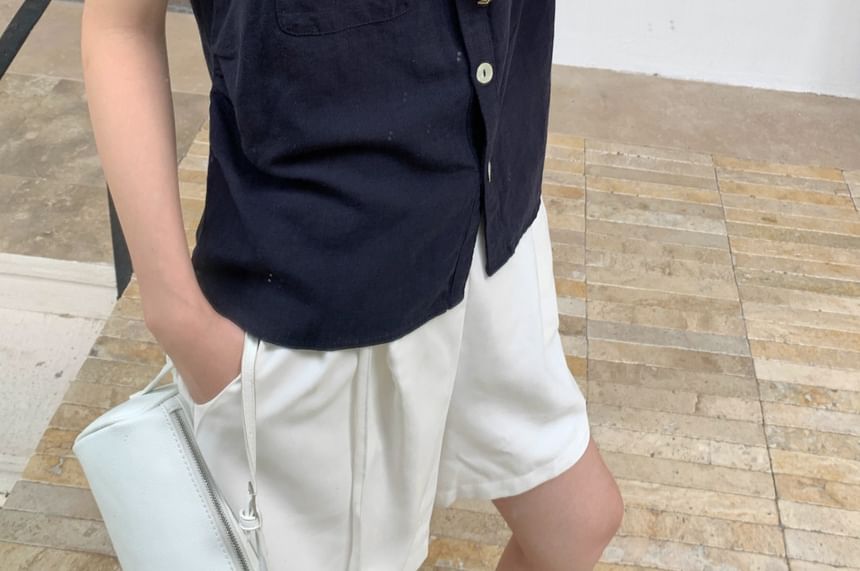 Sleeveless Collared V-Neck Plain Button Up Shirt