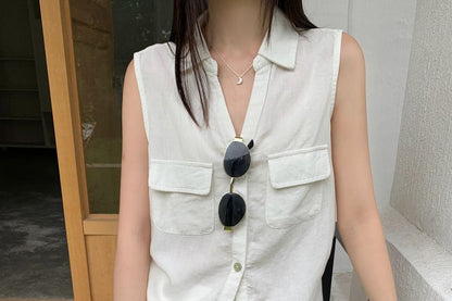 Sleeveless Collared V-Neck Plain Button Up Shirt