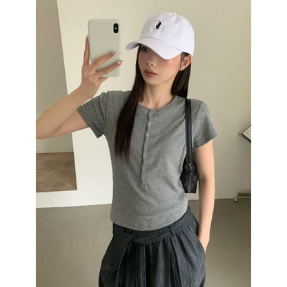 Short-Sleeve Henley Neck Plain T-Shirt