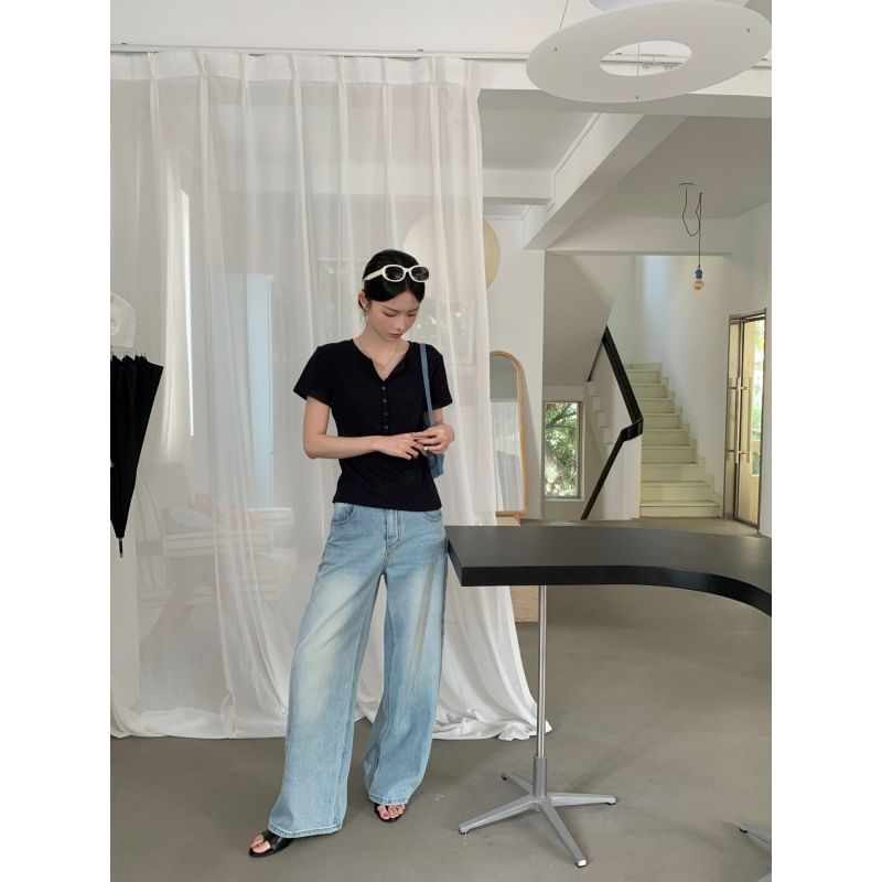 Short-Sleeve Henley Neck Plain T-Shirt