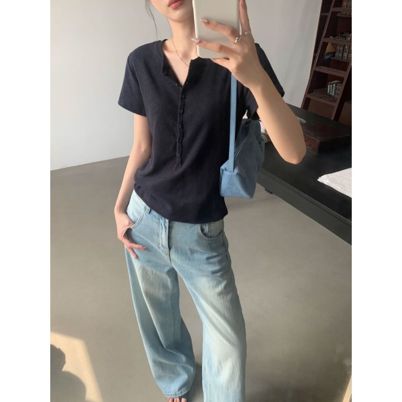 Short-Sleeve Henley Neck Plain T-Shirt