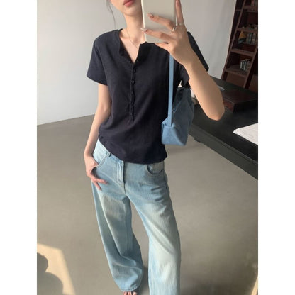 Short-Sleeve Henley Neck Plain T-Shirt