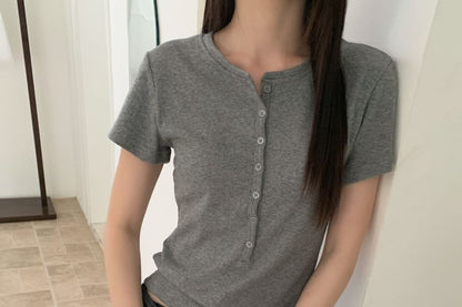 Short-Sleeve Henley Neck Plain T-Shirt