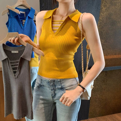 Ribbed Knit Cropped Collared Sleeveless Top