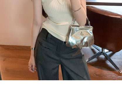 Ribbed Knit Cropped Collared Sleeveless Top