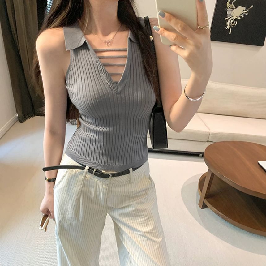 Ribbed Knit Cropped Collared Sleeveless Top