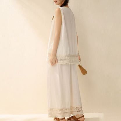 Sleeveless Crew Neck Plain Lace Trim Blouse / High Waist Cropped Wide Leg Pants / Set