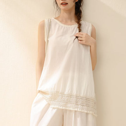 Sleeveless Crew Neck Plain Lace Trim Blouse / High Waist Cropped Wide Leg Pants / Set