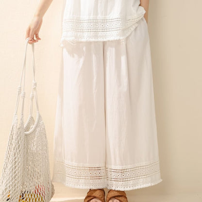 Sleeveless Crew Neck Plain Lace Trim Blouse / High Waist Cropped Wide Leg Pants / Set