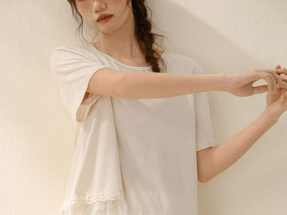 Short-Sleeve Crew Neck Plain Lace Trim T-Shirt