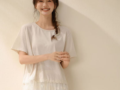 Short-Sleeve Crew Neck Plain Lace Trim T-Shirt