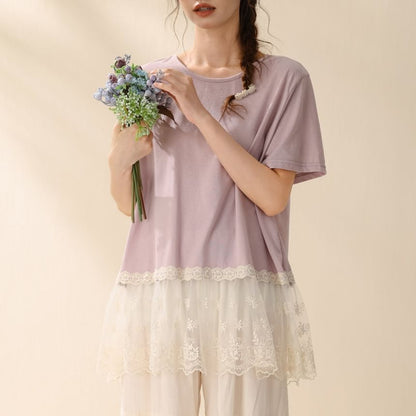 Short-Sleeve Crew Neck Plain Lace Trim T-Shirt