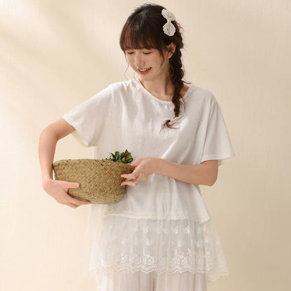 Short-Sleeve Crew Neck Plain Lace Trim T-Shirt