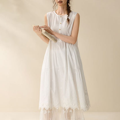 Sleeveless Henley Plain Lace Trim Maxi Sundress