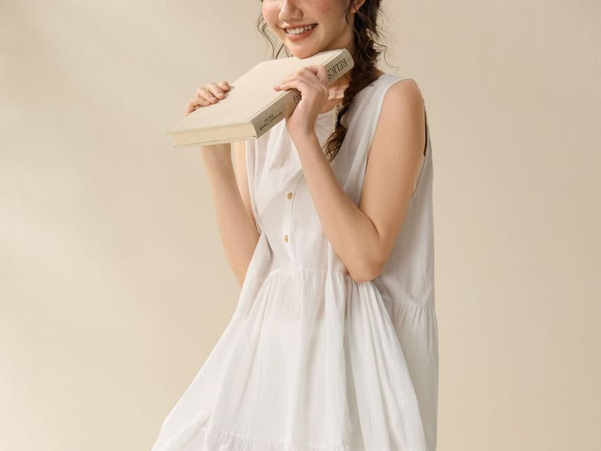 Sleeveless Henley Plain Lace Trim Maxi Sundress