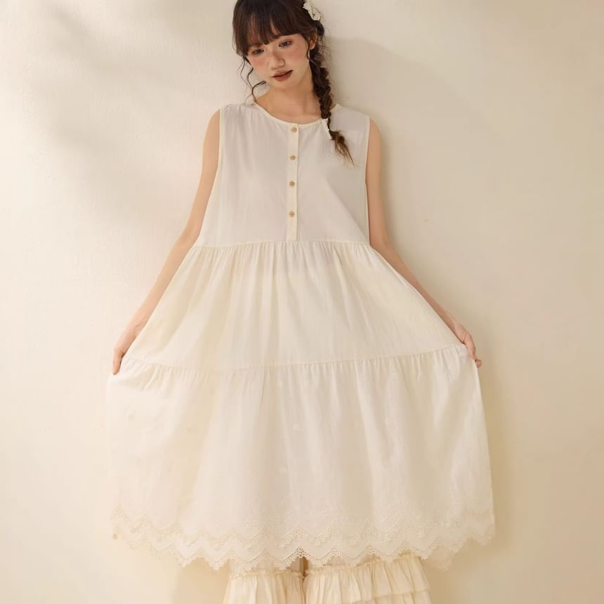 Sleeveless Henley Plain Lace Trim Maxi Sundress