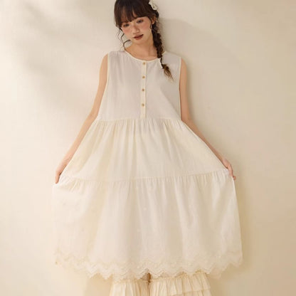 Sleeveless Henley Plain Lace Trim Maxi Sundress