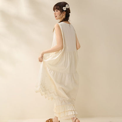 Sleeveless Henley Plain Lace Trim Maxi Sundress