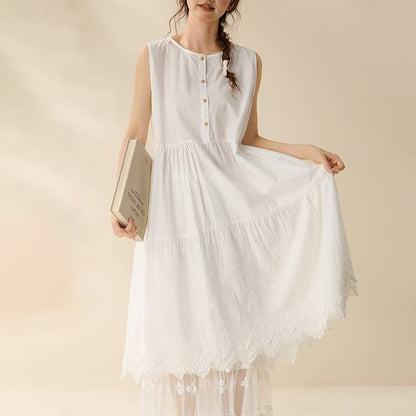 Sleeveless Henley Plain Lace Trim Maxi Sundress