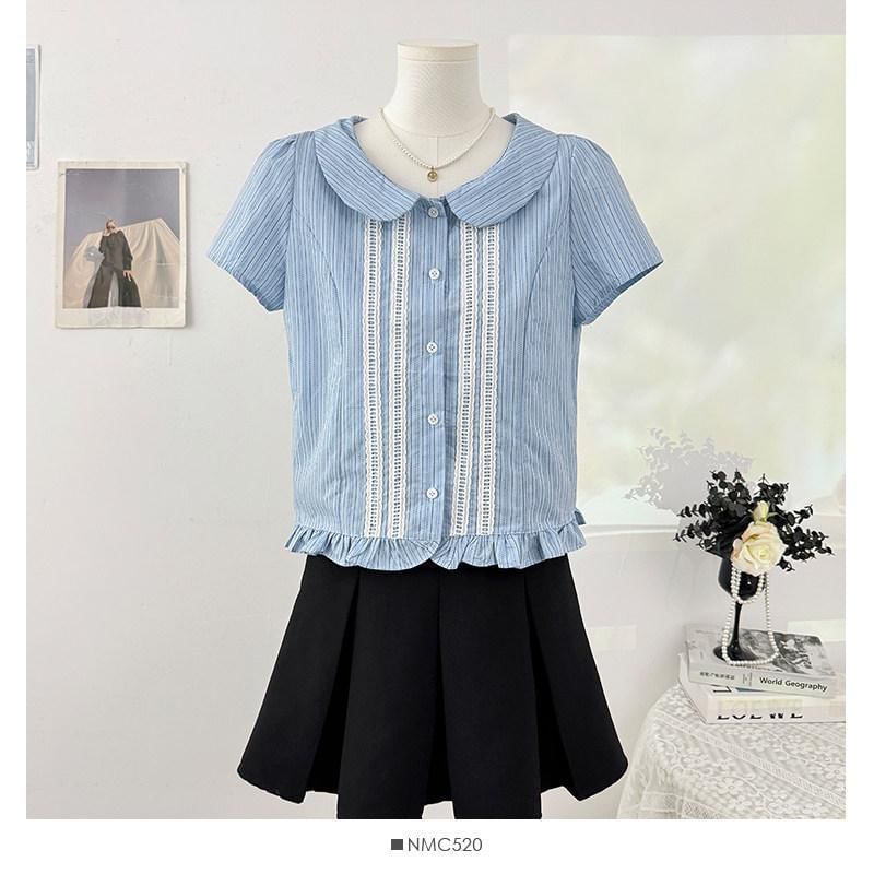 Short-Sleeve Peter Pan Collar Striped Frill Trim Button-Up Crop Blouse