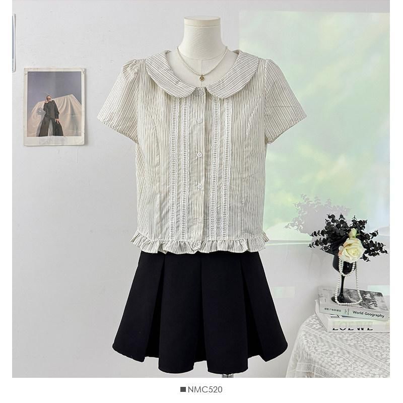 Short-Sleeve Peter Pan Collar Striped Frill Trim Button-Up Crop Blouse