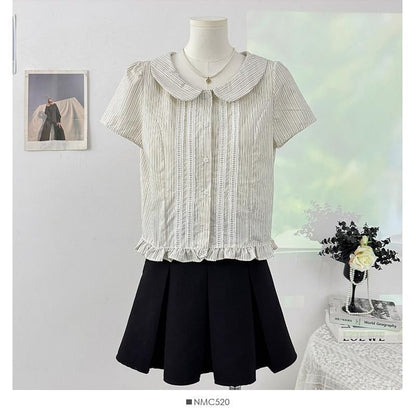 Short-Sleeve Peter Pan Collar Striped Frill Trim Button-Up Crop Blouse