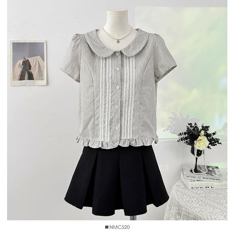 Short-Sleeve Peter Pan Collar Striped Frill Trim Button-Up Crop Blouse