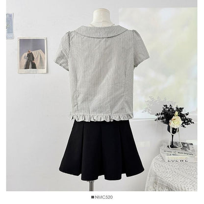 Short-Sleeve Peter Pan Collar Striped Frill Trim Button-Up Crop Blouse