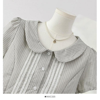 Short-Sleeve Peter Pan Collar Striped Frill Trim Button-Up Crop Blouse