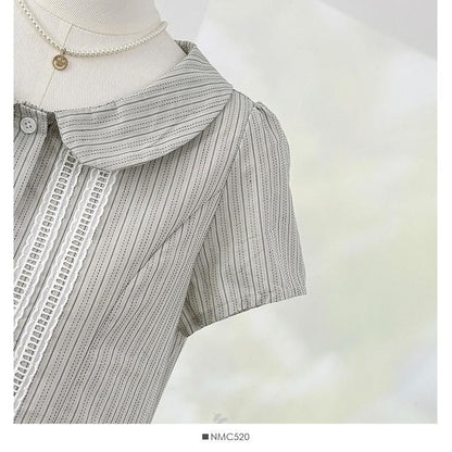 Short-Sleeve Peter Pan Collar Striped Frill Trim Button-Up Crop Blouse