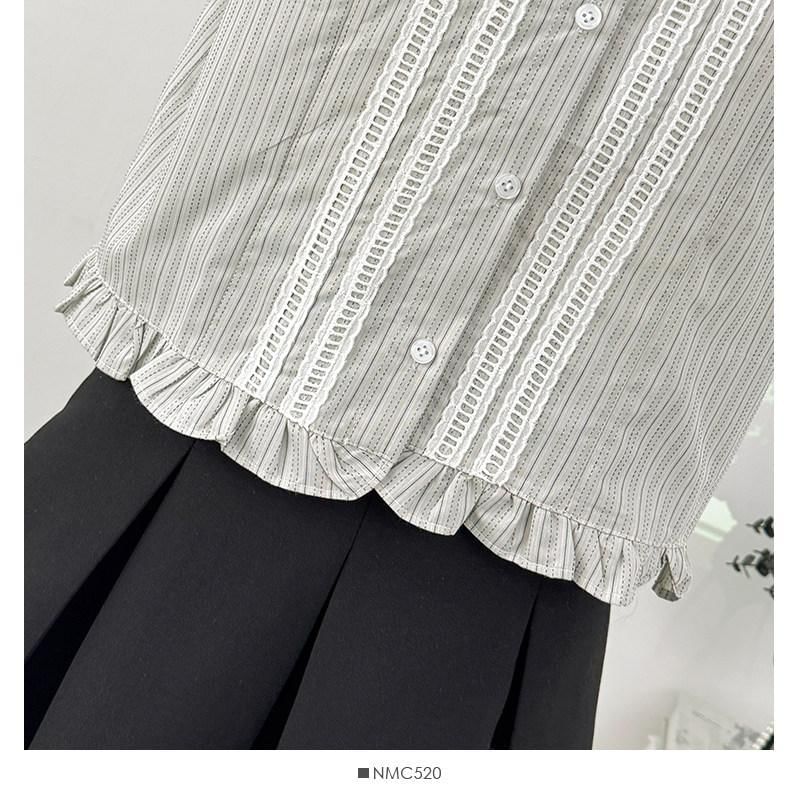Short-Sleeve Peter Pan Collar Striped Frill Trim Button-Up Crop Blouse