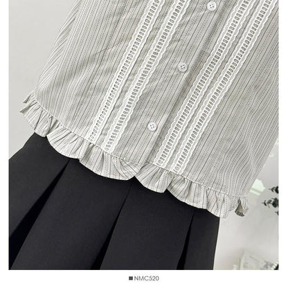 Short-Sleeve Peter Pan Collar Striped Frill Trim Button-Up Crop Blouse